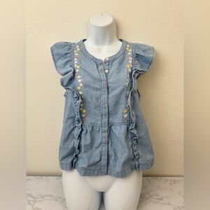 Madewell women’s M Denim Ruffle Side Chambray Button Down Shirt Floral Stitch​